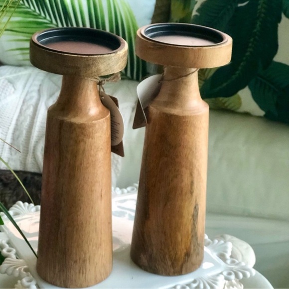 NWT! Modern Wood Candle Holders Pair - Picture 1 of 4